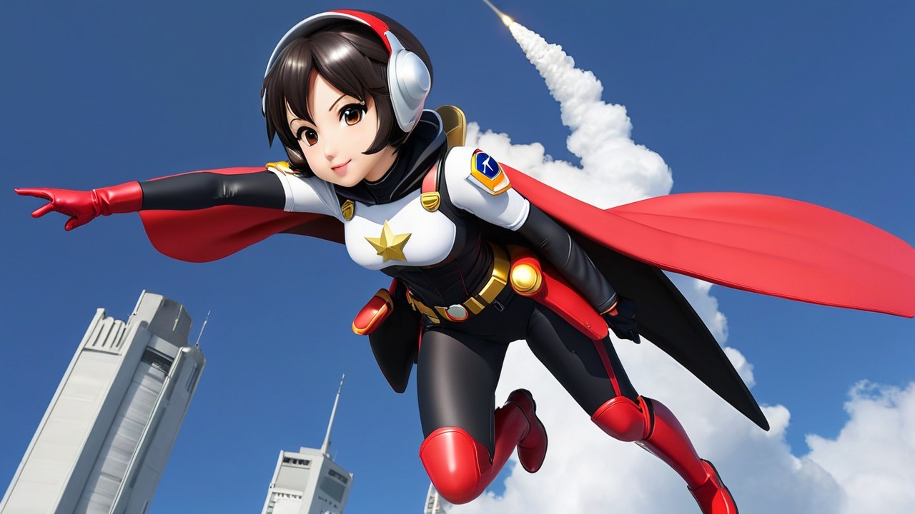 Anime Character in Superhero Outfit Soaring in Sky