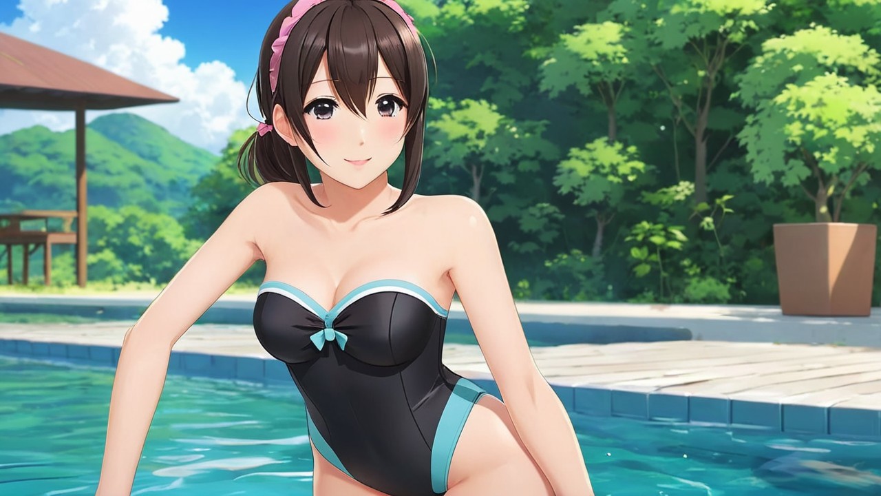 Young woman in black swimsuit by a poolside