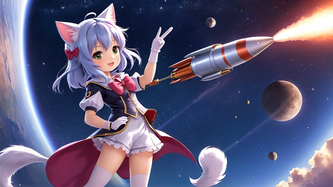 Cheerful Anime Character in Colorful Space Setting
