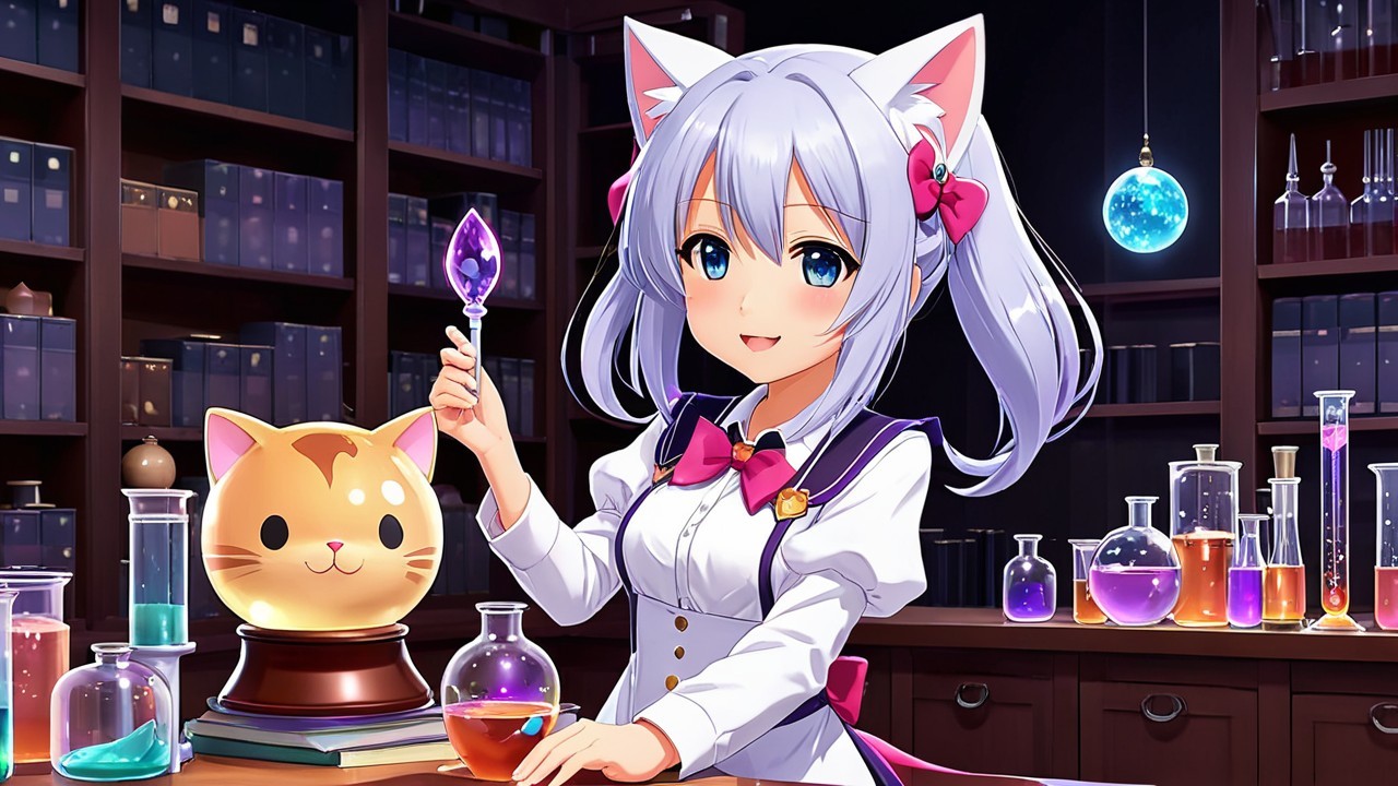 Anime Girl in Colorful Chemistry Lab with Potions