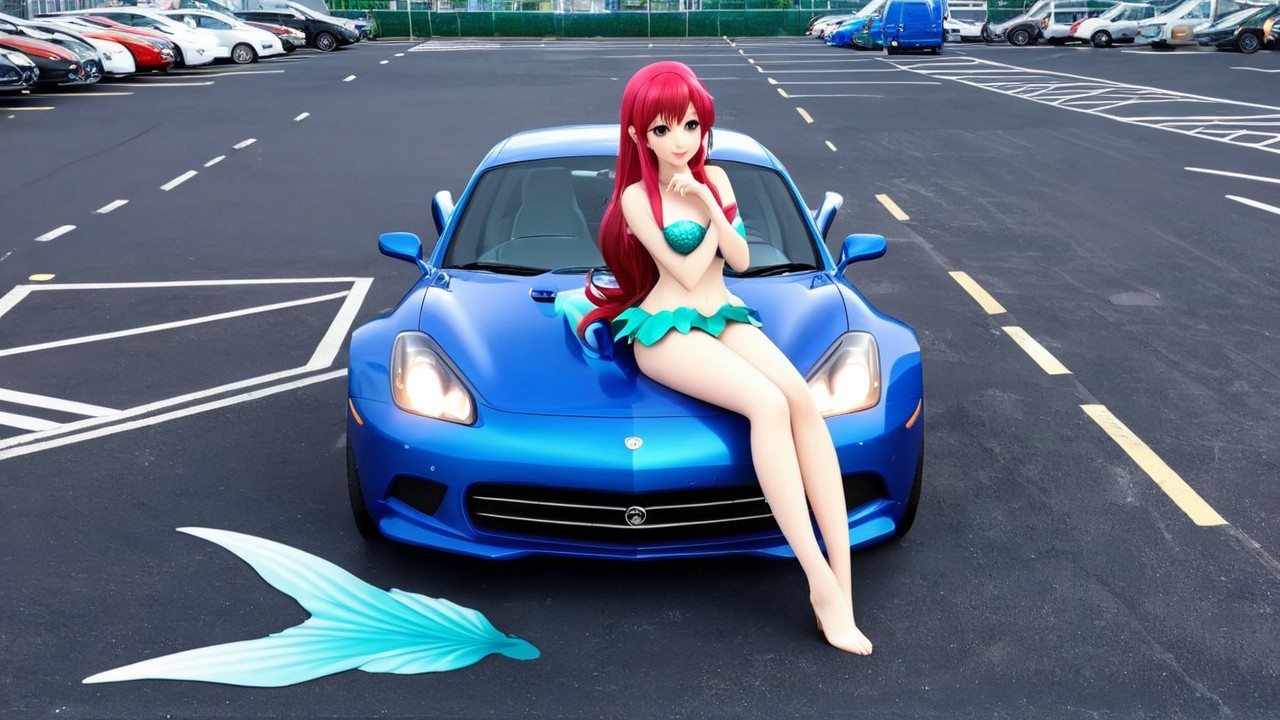 Blue Sports Car with Colorful Mermaid Figurine