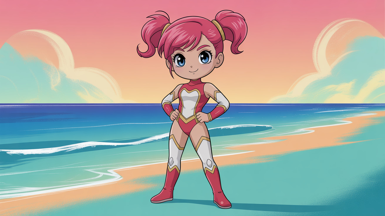 Chibi Girl in Red Bodysuit on Beach Scene