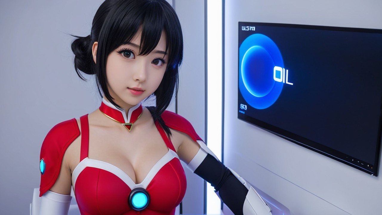 Futuristic Female Character in Red and White Outfit