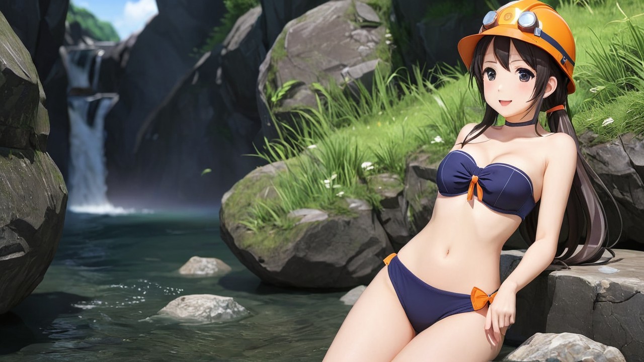 Young woman in bikini by serene water and waterfall