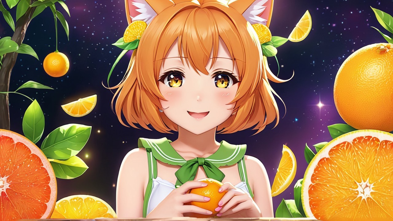 Cheerful girl with orange hair and fox ears holding orange