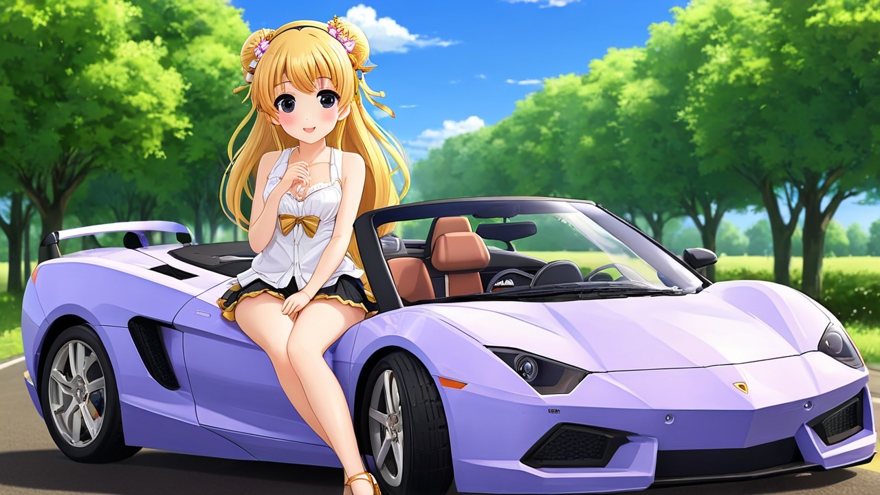 Cheerful Anime Girl on Lavender Convertible Car