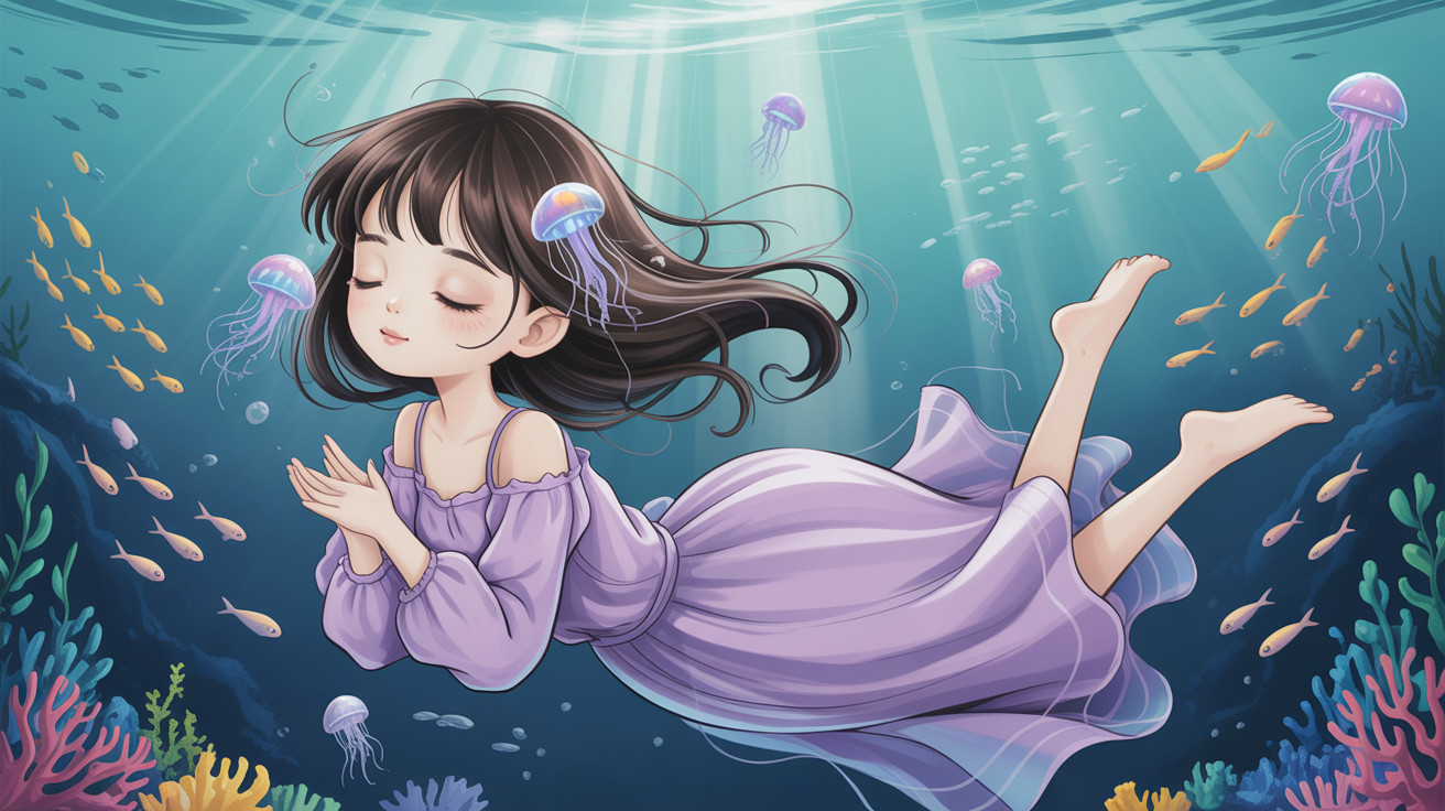Anime Illustration of Girl Floating Underwater with Coral