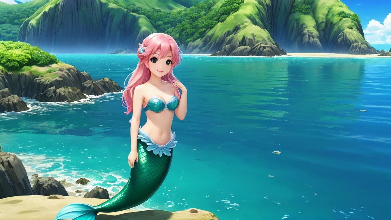 Vibrant Mermaid on Rocky Shore with Serene Landscape