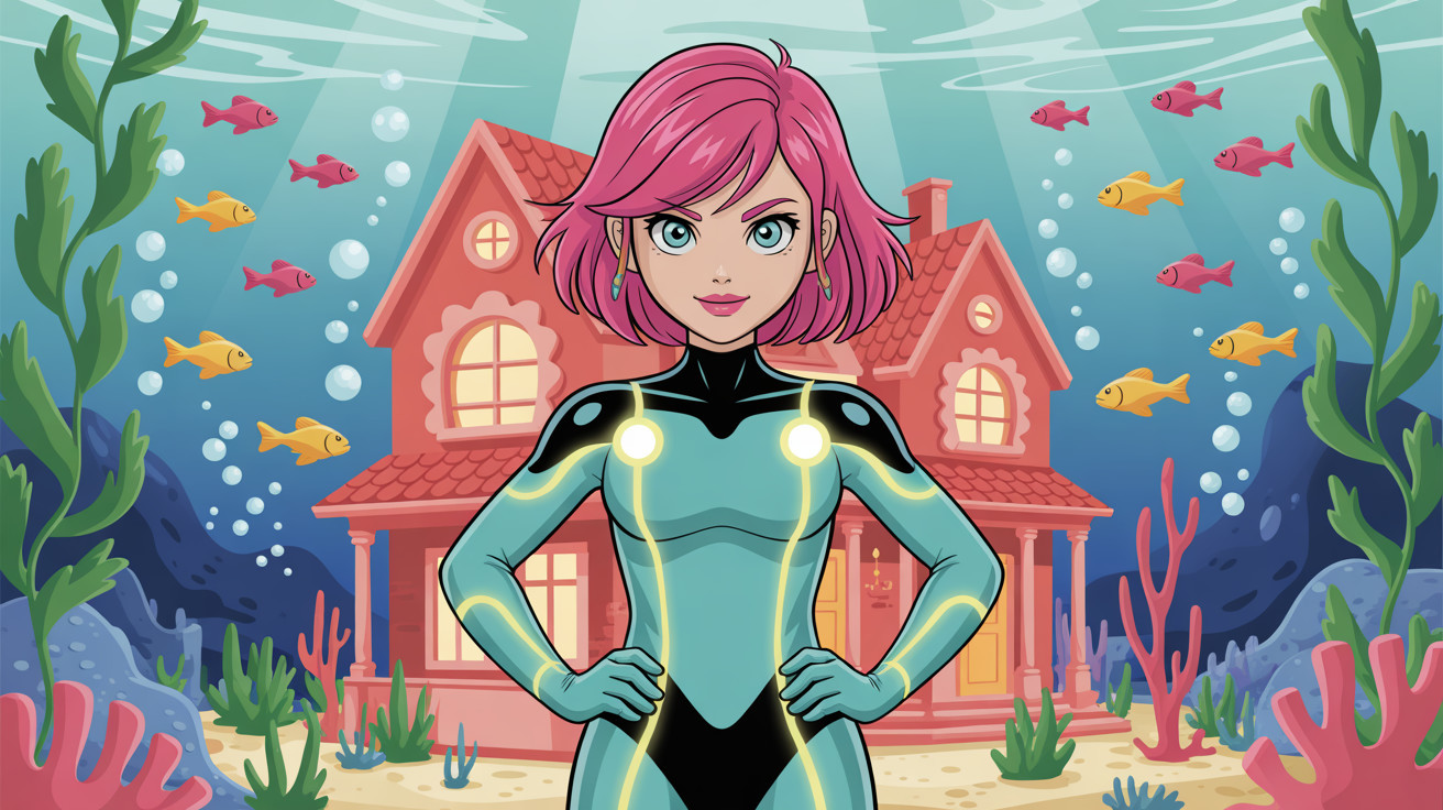 Vibrant Illustration of a Young Woman in Wetsuit Underwater