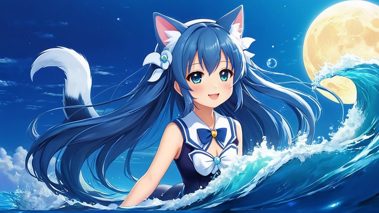 Cheerful anime girl with blue hair swims in ocean waves