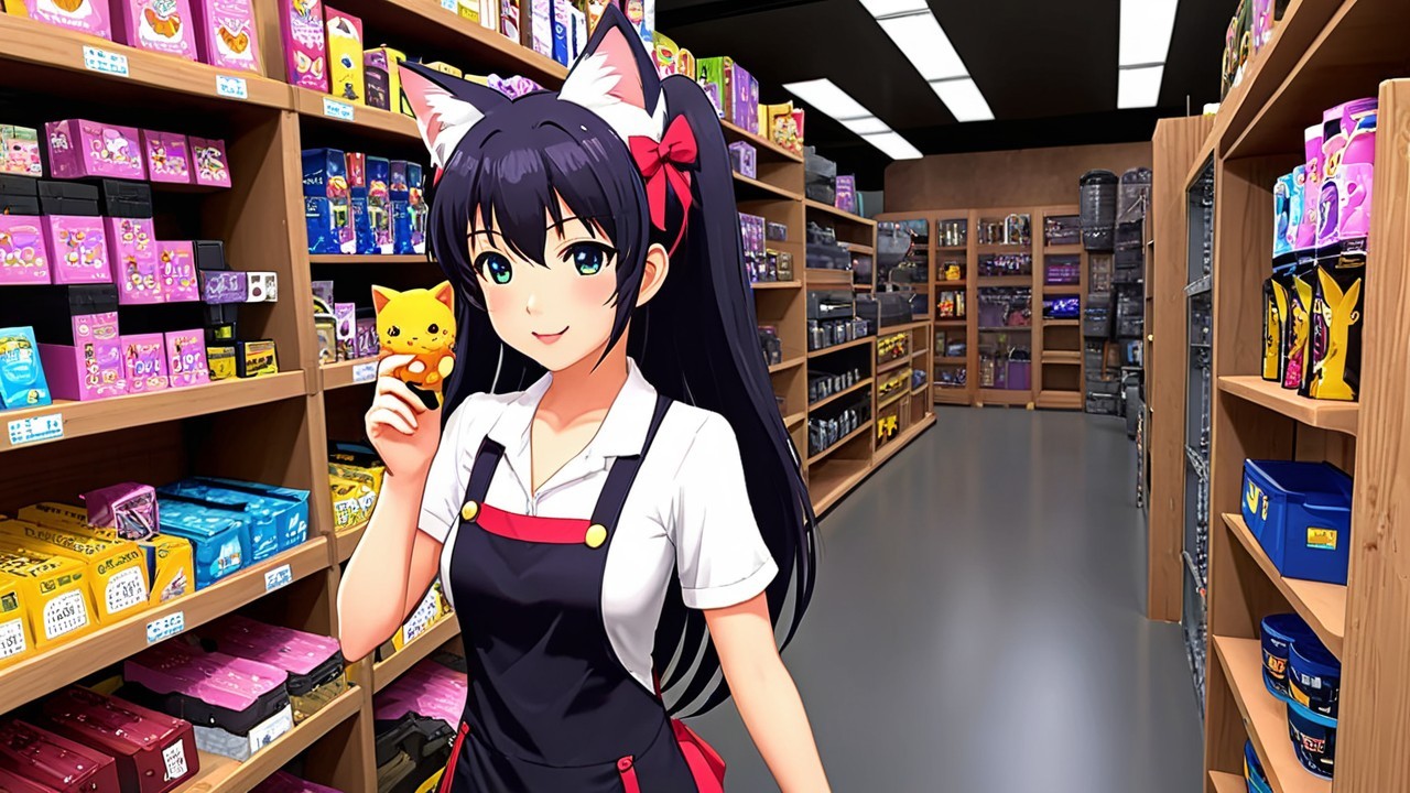 Cheerful Anime Character in Colorful Store Aisle