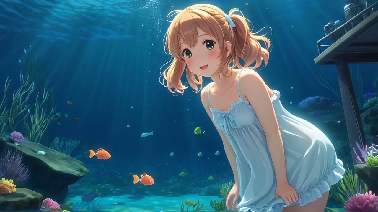 Cheerful girl underwater with colorful fish and coral