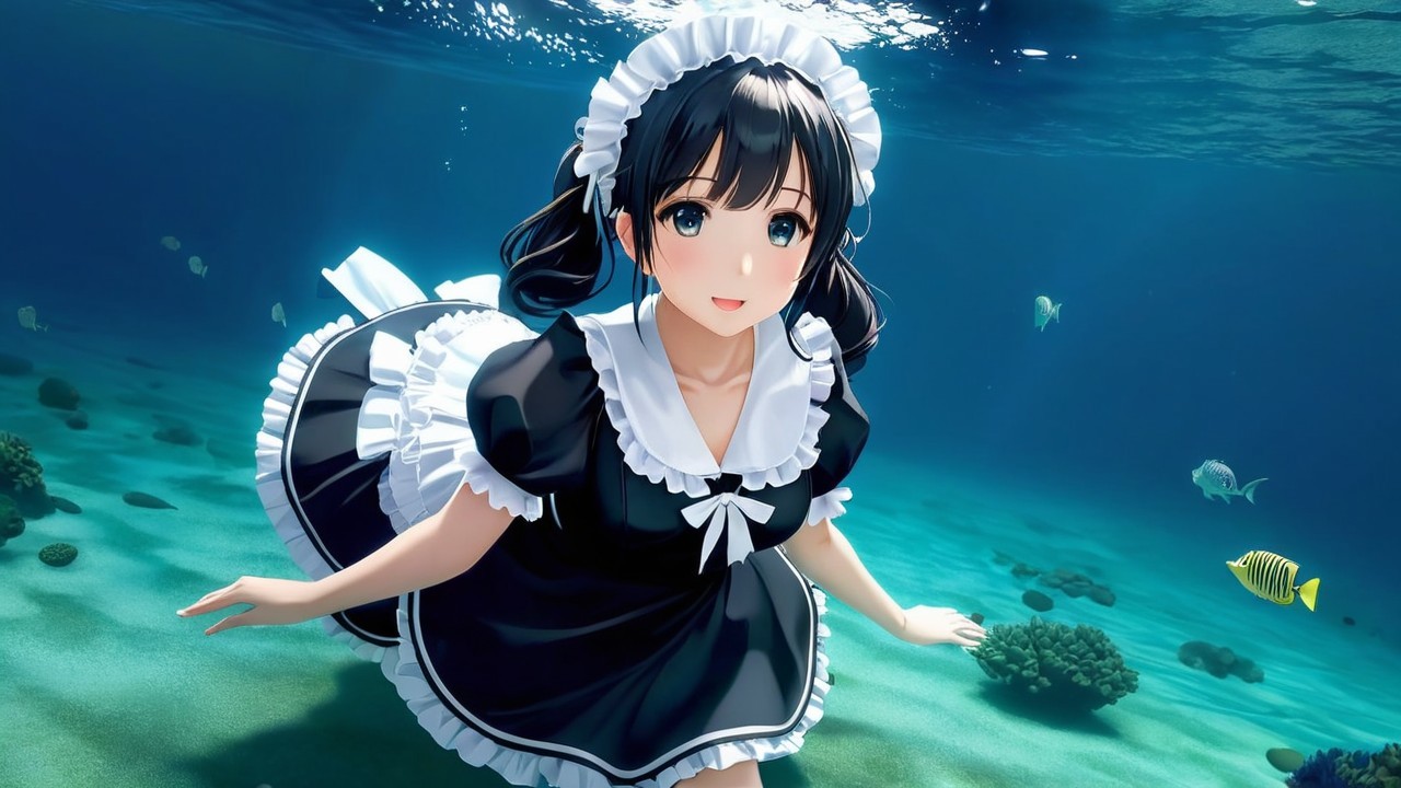 Anime Character in Maid Outfit Swimming Underwater