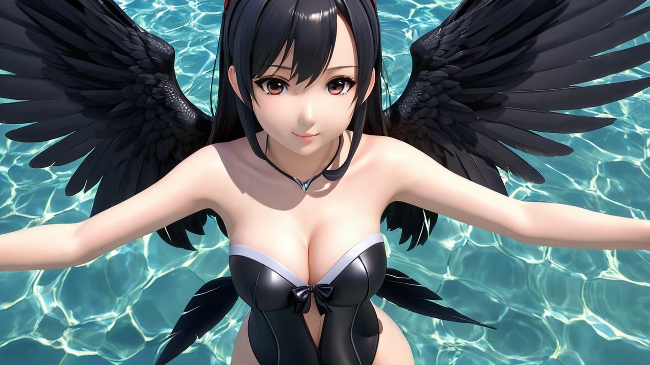 Anime Character with Black Wings in Blue Pool