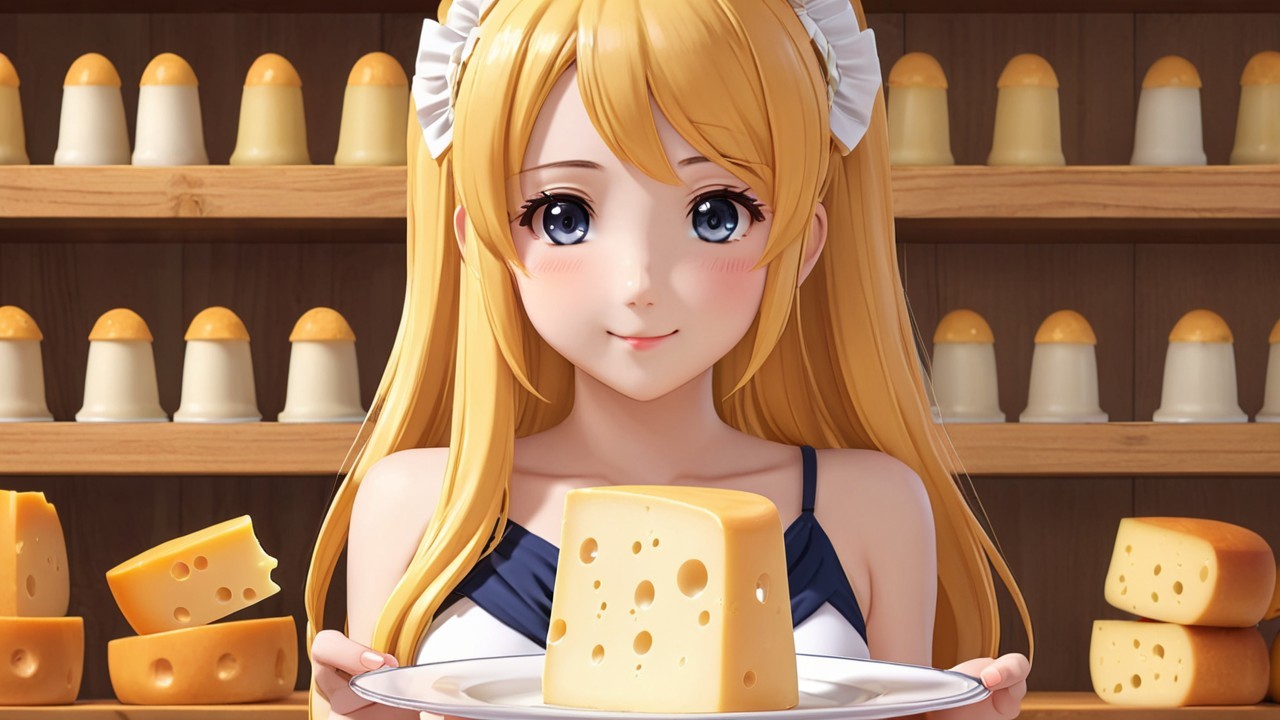 Anime girl with blonde hair holding Swiss cheese slice