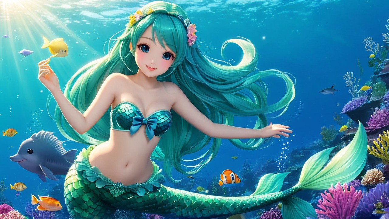 Vibrant Underwater Scene with a Cheerful Mermaid