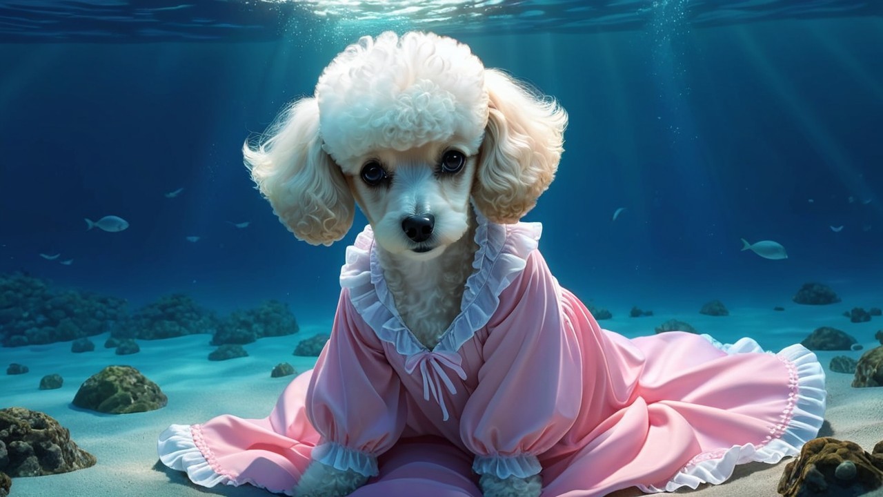 Fluffy Poodle in Pink Dress Underwater Scene