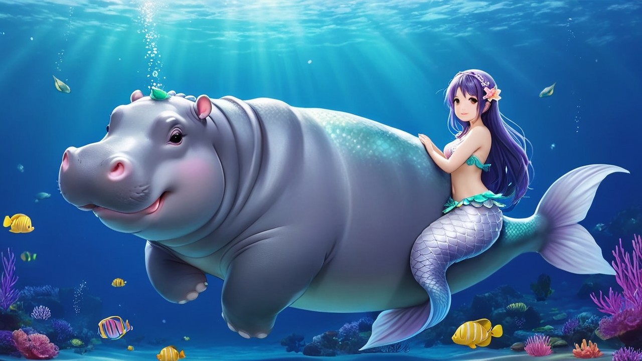Whimsical Underwater Scene with Mermaid and Hippo