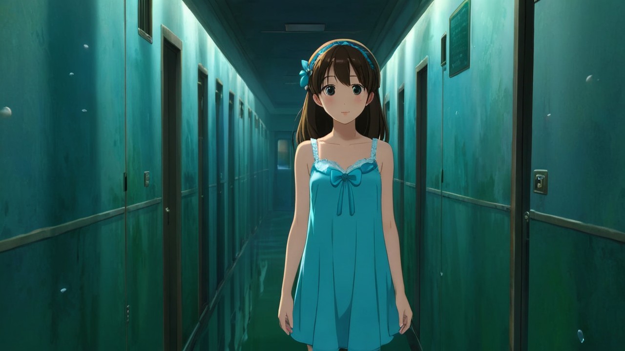 Young girl in blue dress in dimly lit hallway