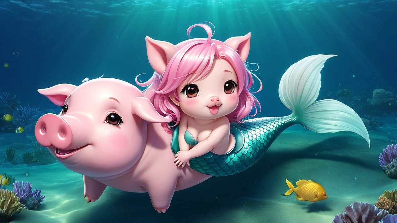 Whimsical Underwater Scene with Child and Pink Pig