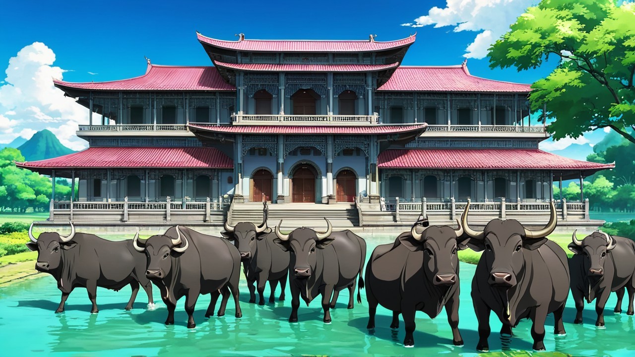 Traditional Asian Mansion with Water Buffaloes and Hills