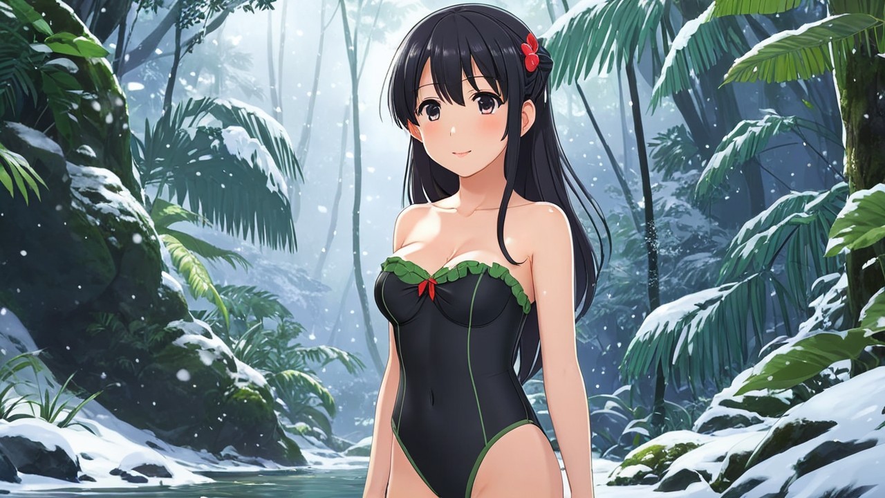 Young Woman in Jungle with Snow and Stylish Swimsuit