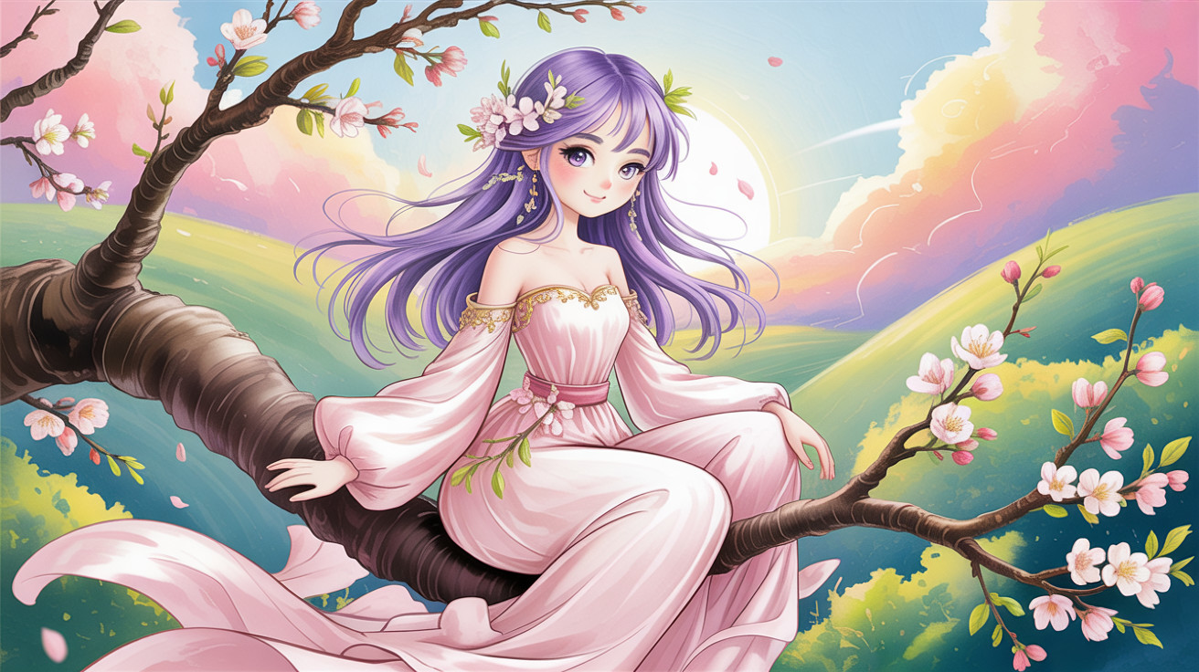Anime Woman with Purple Hair Among Cherry Blossoms