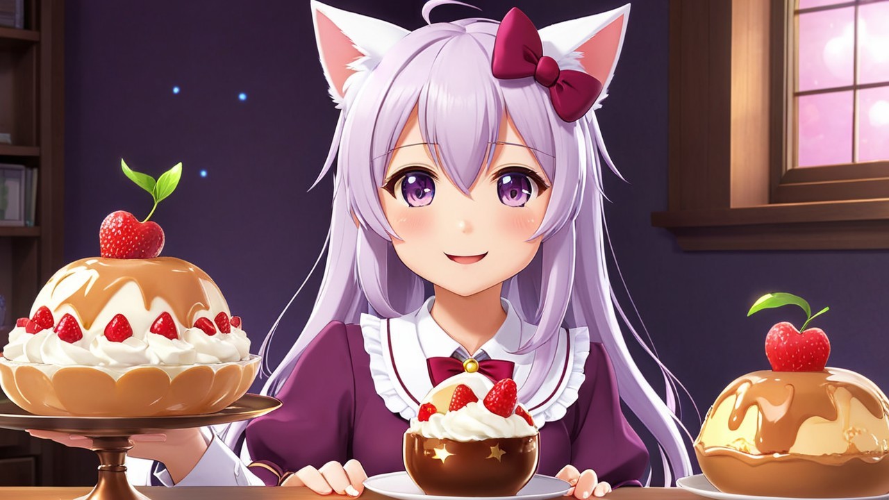 Cheerful anime girl with desserts and cat ears