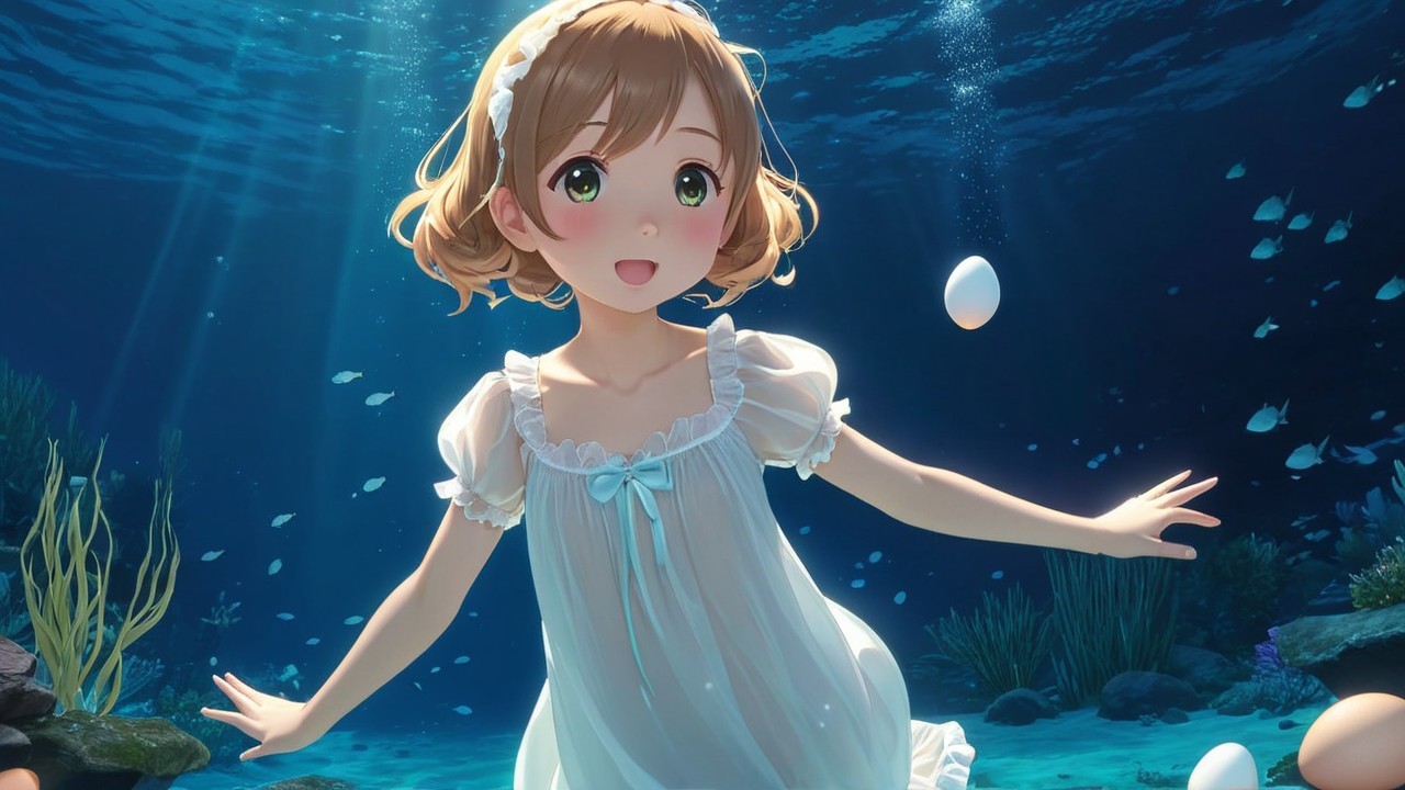 Young girl swimming gracefully in a serene underwater scene