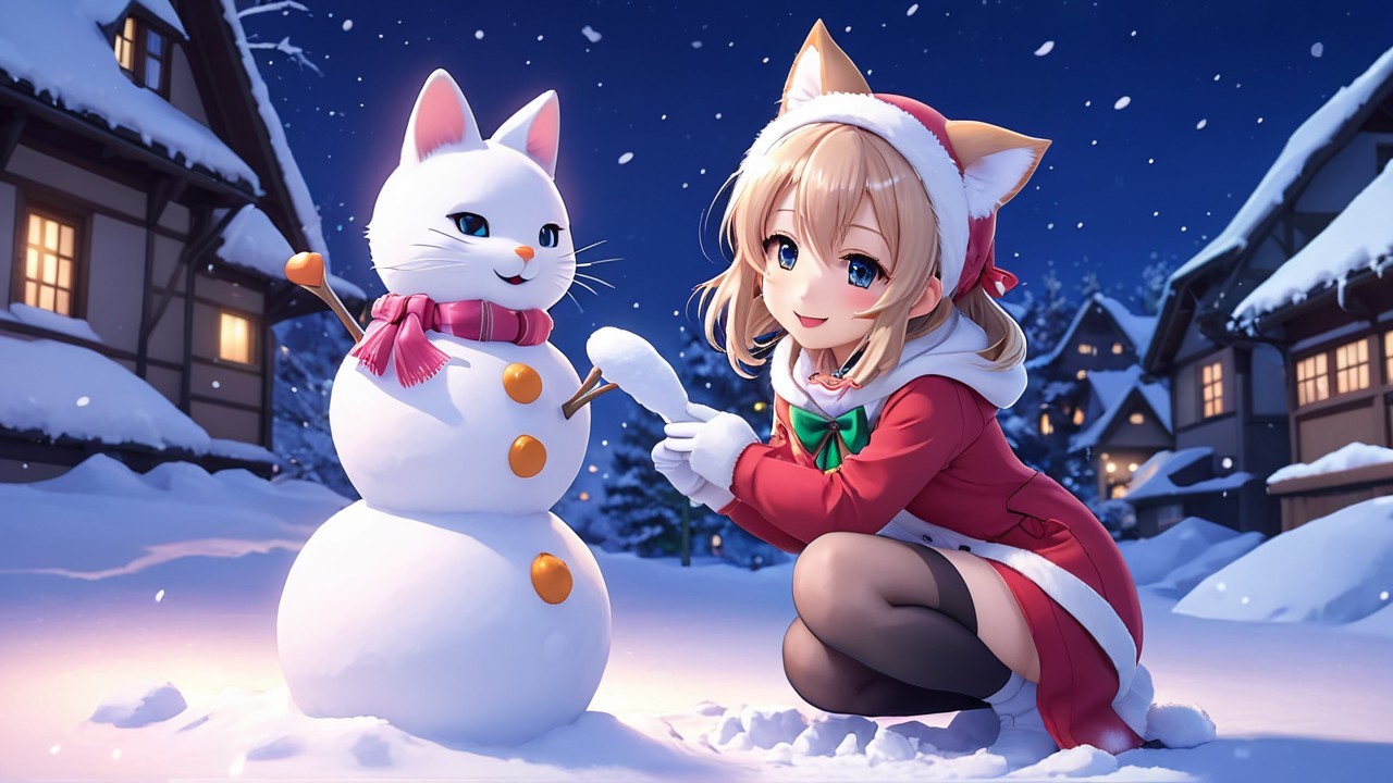 Cheerful girl with cat ears builds a cat snowman