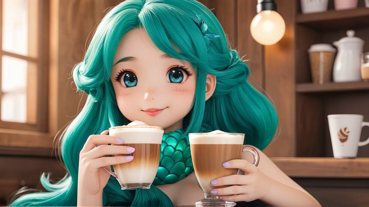 Cheerful character in cozy café with vibrant teal hair