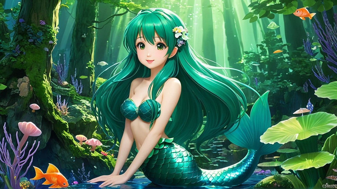 Whimsical Mermaid in a Vibrant Underwater Scene