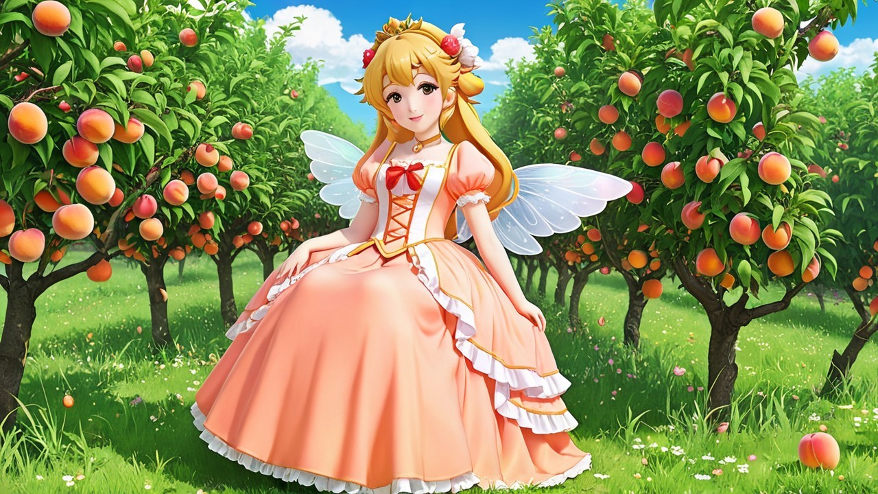 Young woman in peach orchard with delicate wings