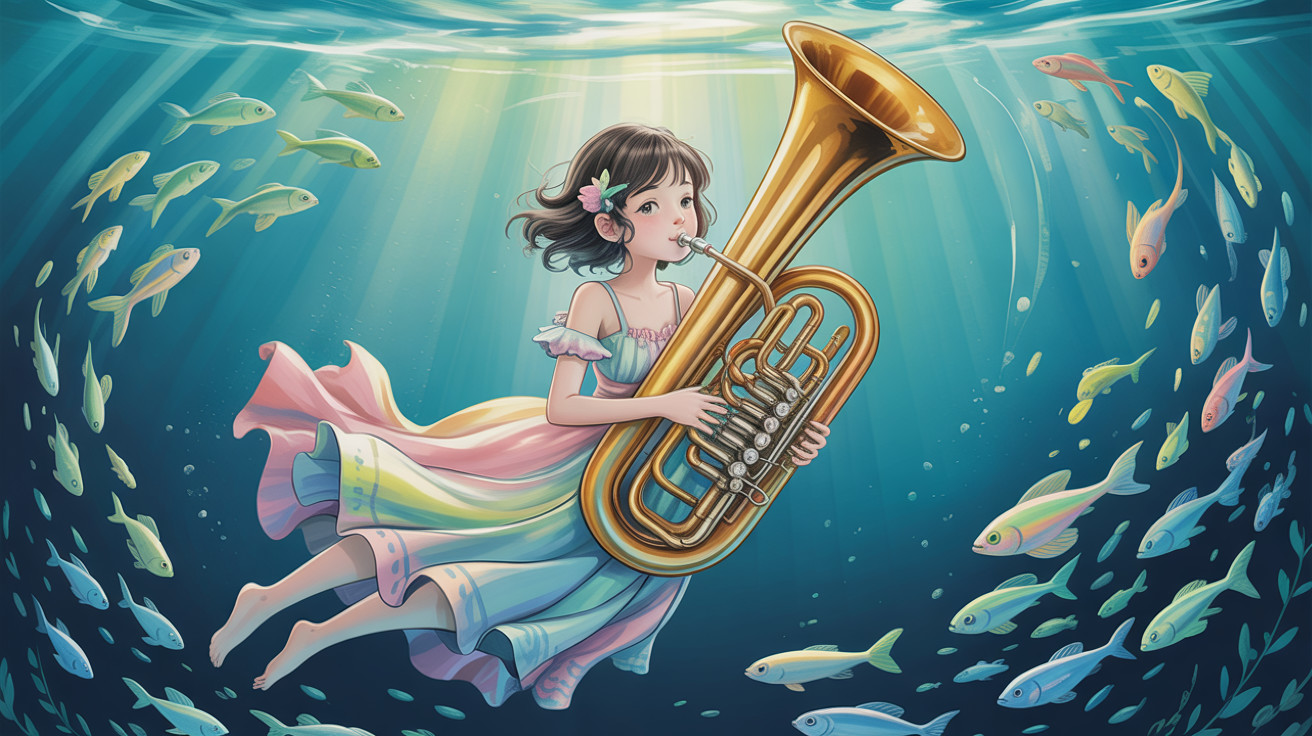 Anime-style illustration of a girl playing tuba underwater