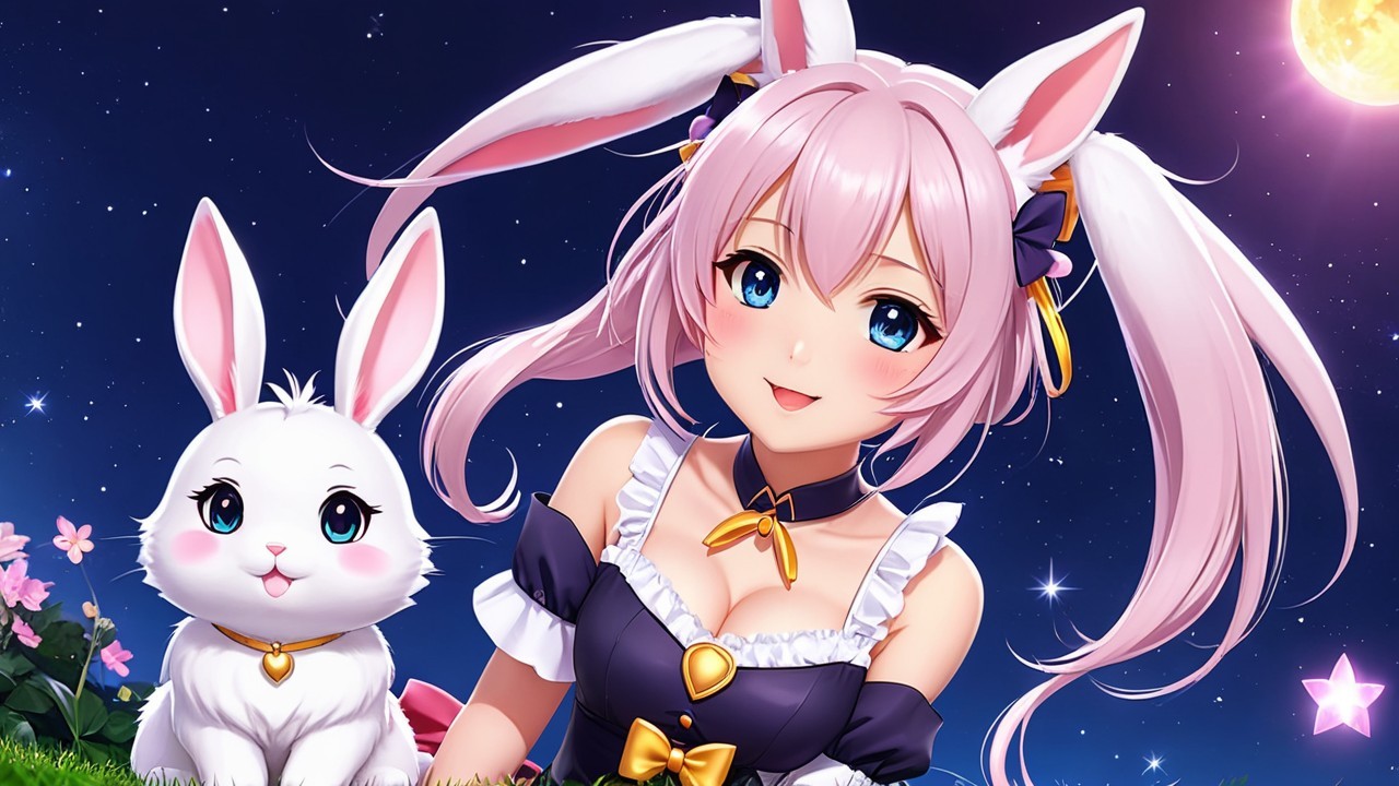Cheerful anime character in moonlit meadow with bunny