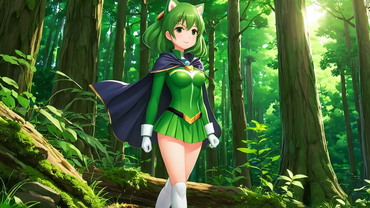 Cheerful Green-Haired Character in Lush Forest Setting