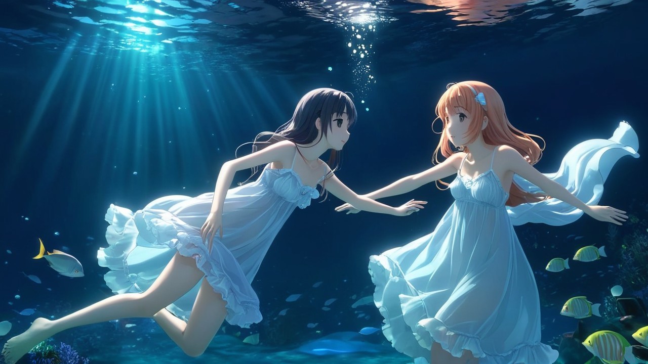 Girls in White Dresses Swimming in Enchanting Waters
