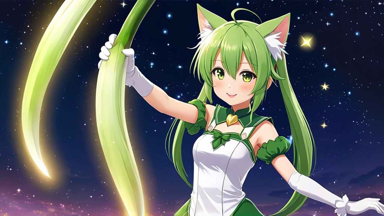 Anime-style character with green hair and cat ears