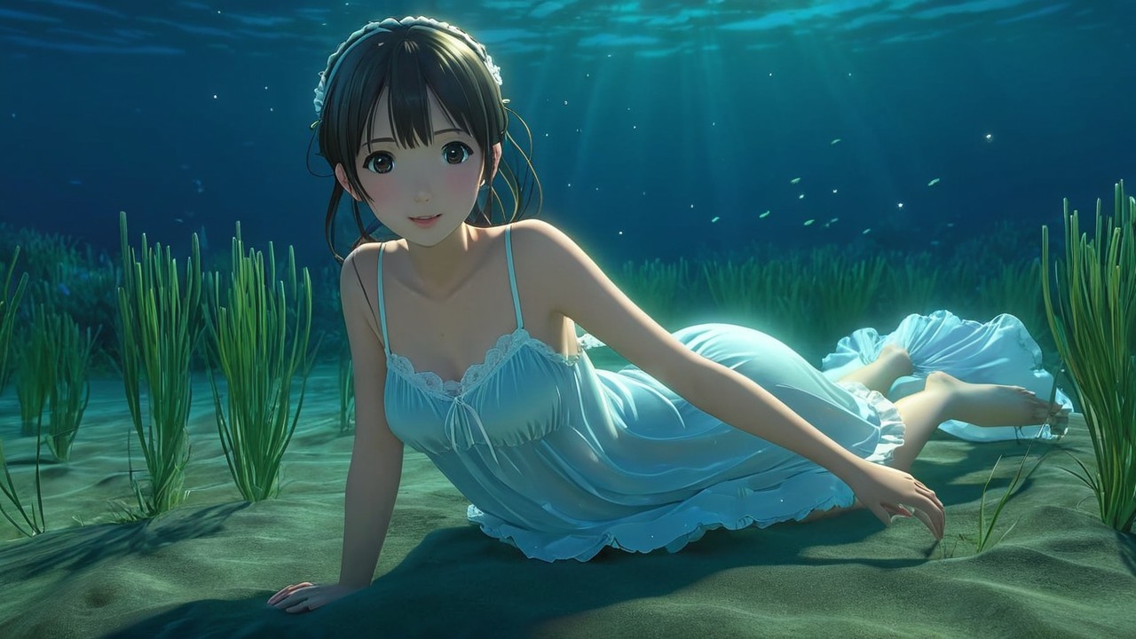 Underwater Scene with Woman in Light Blue Dress