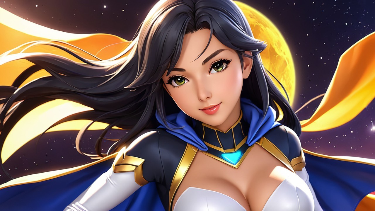 Confident Female Superhero with Dark Hair and Green Eyes