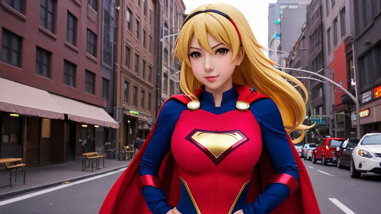 Female superhero in red and blue costume in urban setting