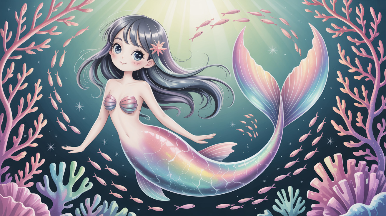 Anime Illustration of a Kawaii Mermaid Underwater Scene