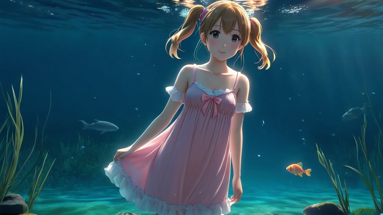 Young girl in pink dress underwater with fish