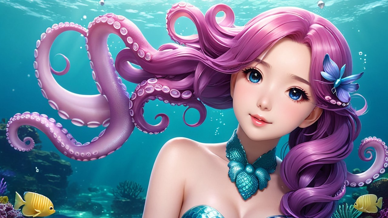 Underwater Scene with Mermaid and Colorful Marine Life