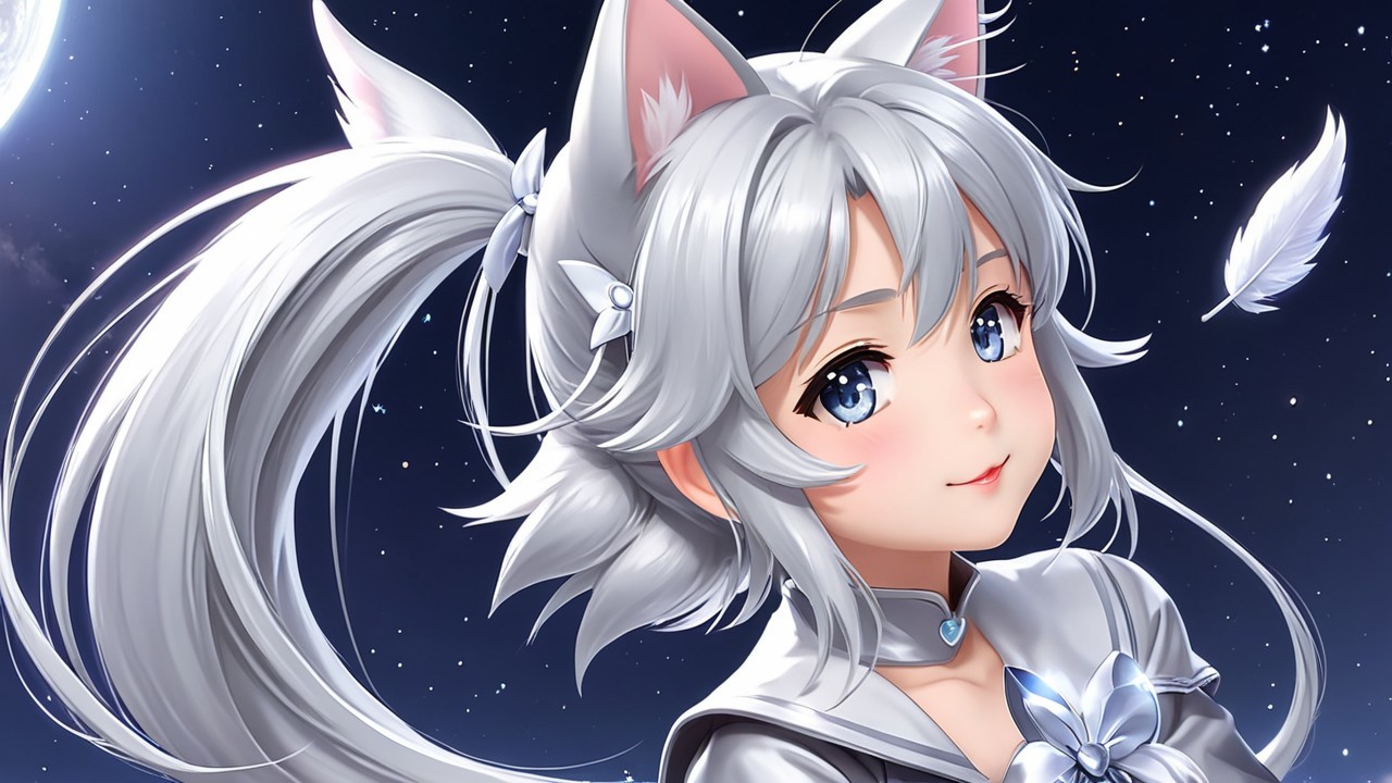 Whimsical Anime Character with Silver Hair and Cat Ears