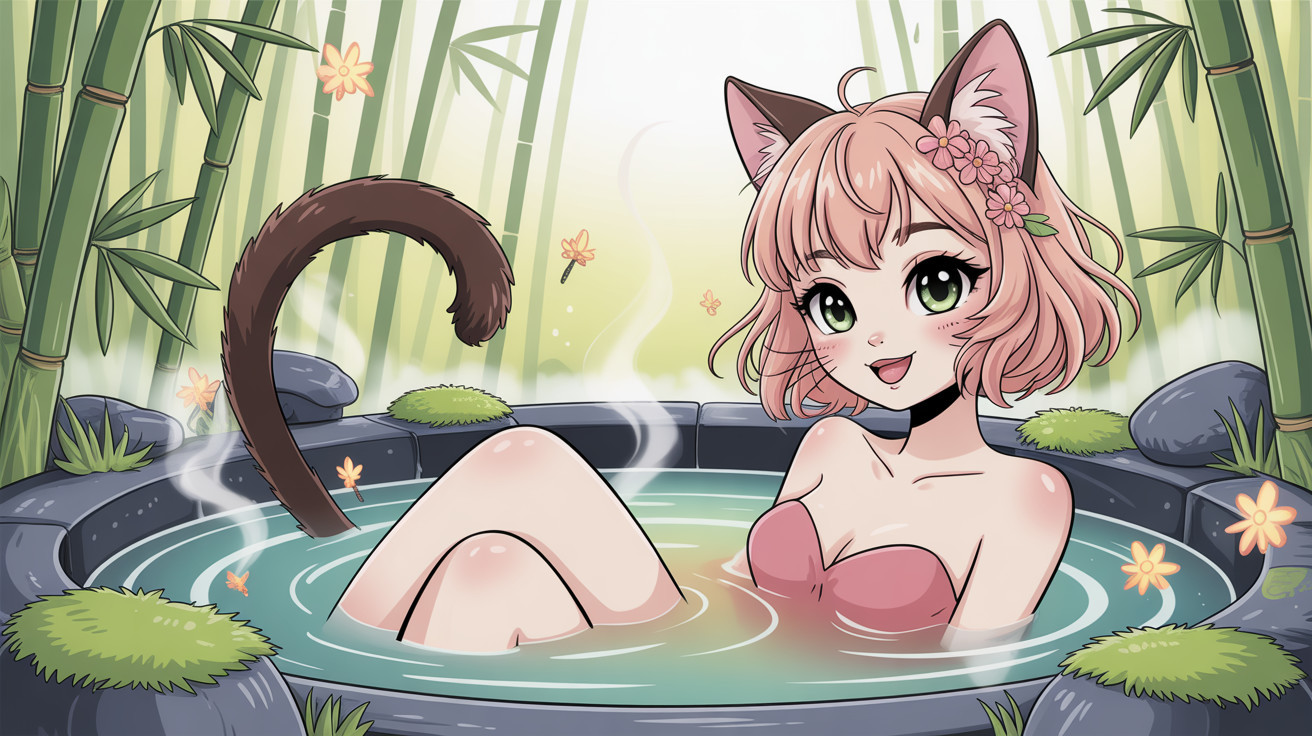 Pastel Anime Illustration of Cat Girl in Onsen Setting