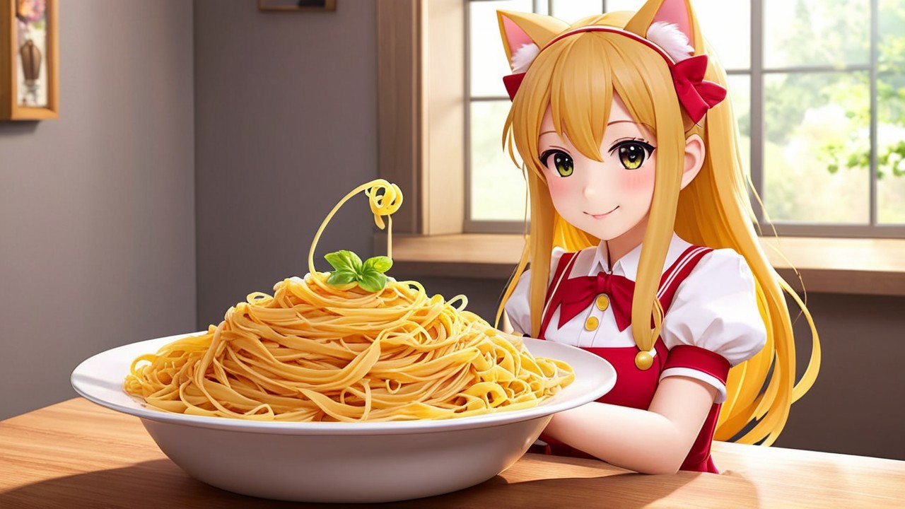 Cheerful anime character with cat ears at a table