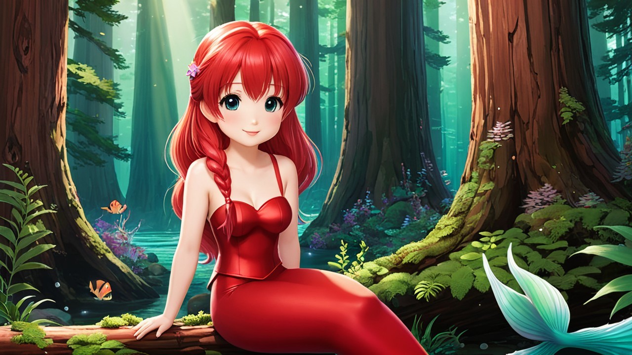 Cheerful girl in red dress in vibrant forest setting