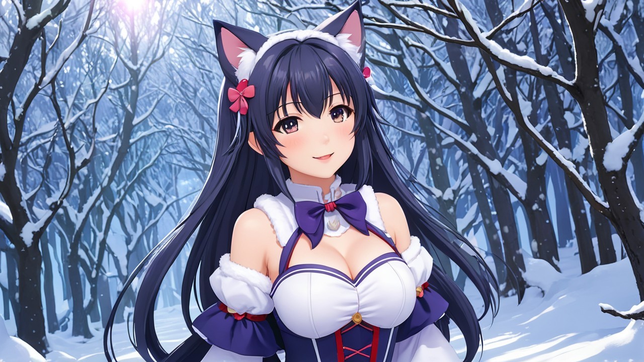 Character in Snowy Forest with Cat Ears and Fur Outfit
