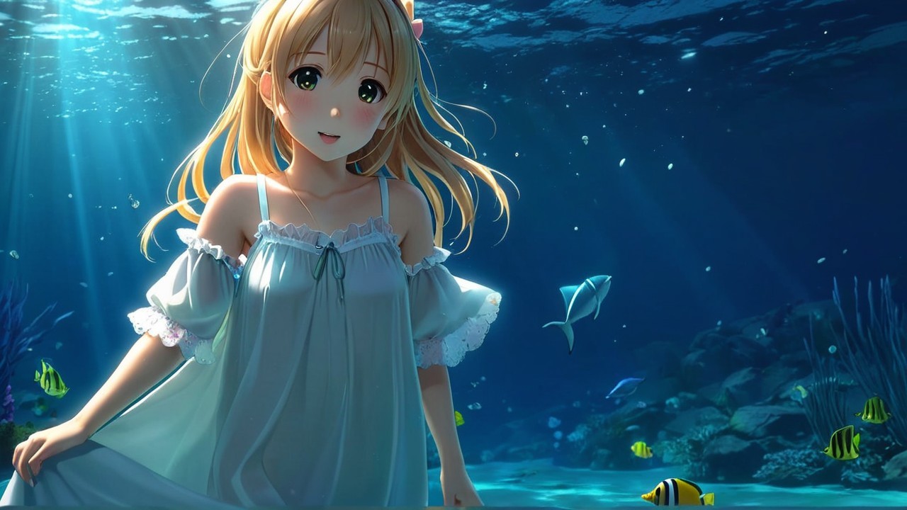 Underwater Scene with a Young Girl and Coral Reefs